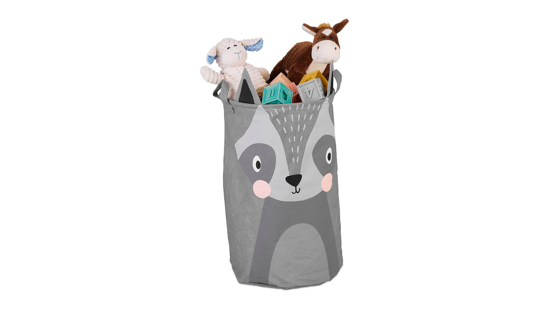 Relaxdays Aufbewahrungskorb für Kinder, Waschbär-Motiv, faltbar, H x D: 55 x 33 cm, Spielzeugkorb mit Henkeln, grau Baby