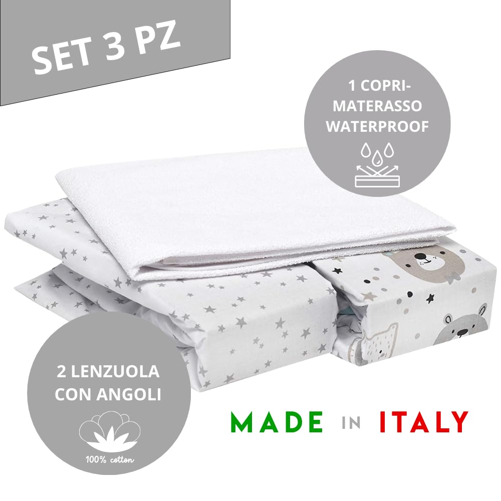 FlyIdeas Set 2 Lenzuola Navicella Neonato 75x35 cm + 1 Coprimaterasso Carrozzina Impermeabile – 100% Cotone – Traspirante, Morbido, Adatto per Culla e Passeggino (Orsetti)