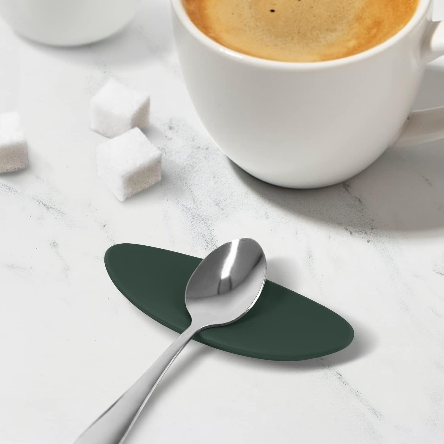 Carrotez Small Silicone Coffee Spoon Rest 2 pcs (0.2" x 1.6" x 3.74"), Spoon Holder Flexible almond-Shaped for Next to Coffee Maker - Kitchen Utensil Rest, Dark Green