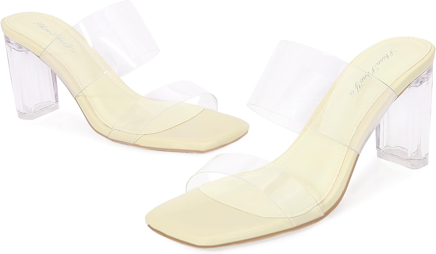 Clear Heels for Women Transparent Two Strap Block Chunky Square Heel Sandals Open Toe Slip On Mules for Women - Image 5