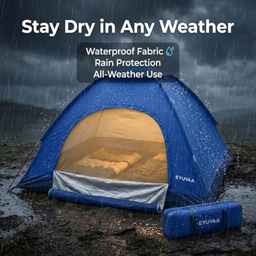 Image of EYUVAA Waterproof Camping Tent for 4 Person (200x200x135 cm),Lightweight Portable Dome Tent with Carry Bag,Easy Setup Windproof Outdoor Tent for Hiking, Backpacking, Picnic & Travel (Random Colour)
