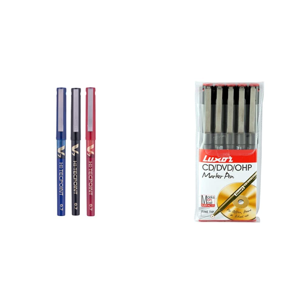 Pilot V7 Liquid Ink Roller Ball Pen (1 Blue + 1 Black + 1 Red),multicoloured,9000014717 & Luxor 969 OHP Fine Point Permanent Marker - Red - Set of 5