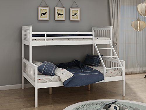 Panana Twin Bunk Bed with Ladder, 3FT Single Bed and 4FT6 Double Bed Solid Wooden Triple Bed, 12 Type, White