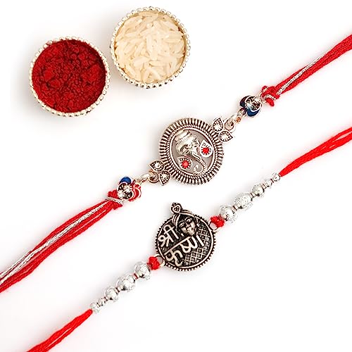 Image of CraftVatika Ganesha Silver Rakhi for Brother Krishna Rakhi for Bhaiya Silver Rakhi Set of 2 for Bhai Boy Kids Rakhi Combo Rakshabandhan Rakhi Set, Fridge Magnet for Door Decor