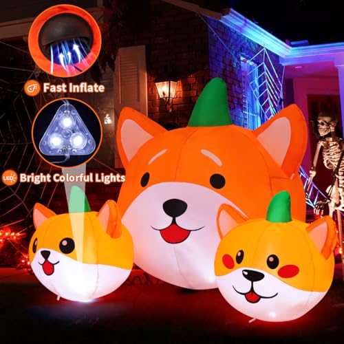 Image of GOOSH 5 FT Halloween Inflatables Ghost and 5 FT Long Halloween Inflatables Three Pumpkin Dog Head