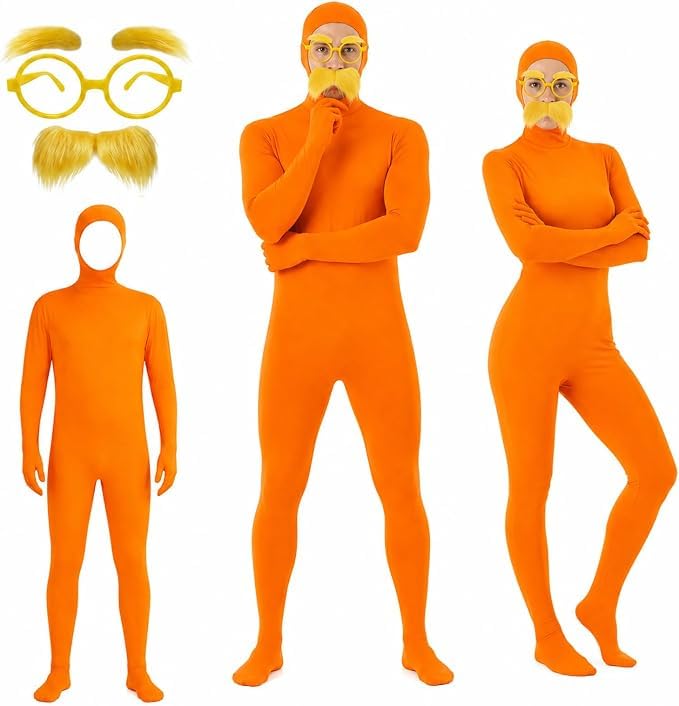 3 Pcs Orange Jumpsuit Costume, Carnival Outfits Set with Beard, Bodysuit, Eyebrows and Glasses, Halloween Costumes for Halloween Party Cosplay