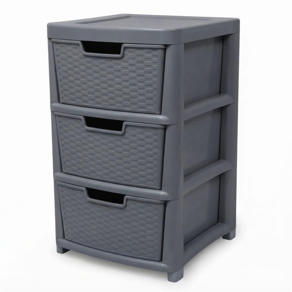 ZYORA 3 Tier Large Grey Rattan Effect Drawer - Plastic Durable Stylish with Smooth Pull Drawers - Multipurpose Storage Unit Cabinet Organizer for Home Office, Bedroom, Bathroom, Garage
