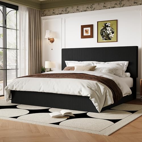 Image of Allewie King Bed Frame, Adjustable Corduroy Headboard, Platform, Black | Adjustable Headboard, Corduroy Fabric, Low Profile, Wooden Slats, 1000 lb Capacity, No Box Spring Needed
