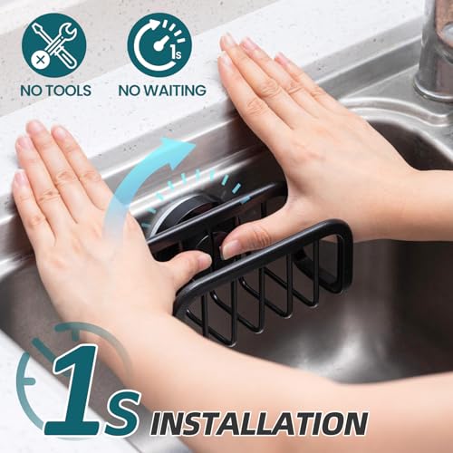 Image of TAILI Black Sponge Holder for Kitchen Sink with Strong Suction Cup | Removable Sink Caddy for Kitchen Sink Oganizer, Rustproof Aluminum Sink Sponge Holder for Scraper Brushes, Stoppers