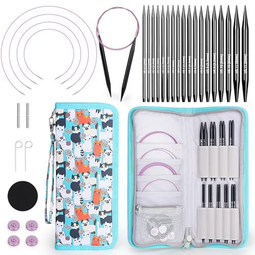 Coopay Juego de Agujas de Tejer Circulares Intercambiables, 2,5 8,0 mm Agujas Circulares con Funda, 4 Cables y Accesorios, 9 pares Aguja de Tejer Intercambiables de Aluminio   Azul