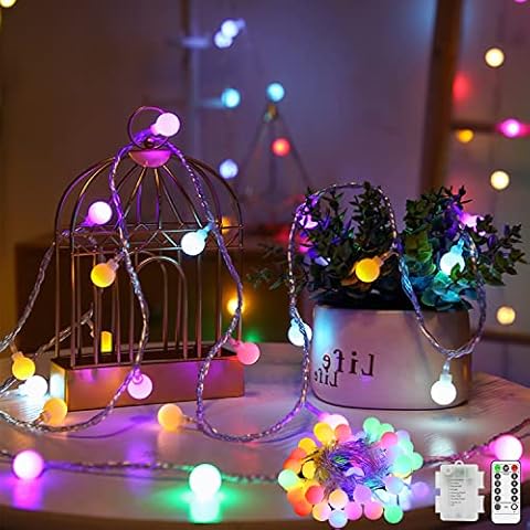 ROADAYLY Lichterkette Batterie Innen 13M 100 LED Dimmbar Lichterkette Kugeln 8 Modi Fernbedienung Timer Speicherfunktion Wasserdicht Cover