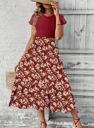 Image of Dokotoo Women's 2026 Summer Dress Short Sleeve Crew Neck Casual Floral Print Long Flowy Dresses Maxi Dresses