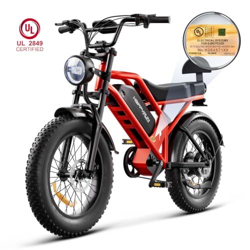 HAPPYRUN 1500W Electric Bike for Adults 48V 18Ah Removable Battery 20 Fat Tire E-Bike 68+ Miles Range 7-Speed Transmission All-Terrain Mountain Ebike for Men & Women (Orange-red)