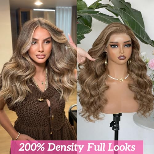 Image of 13x4 Lace Front Body Wave Wigs Human Hair Ash Blonde Balayage Wigs Human Hair for Women Brown Hair with Blonde Highlight Wig Human Hair Brunette Hair with Blonde Highlights Wig 200% Density 24 Inch