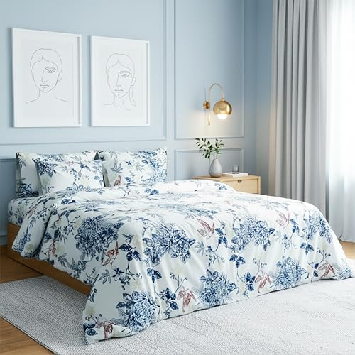 Image of Premium 100% Cotton King Size Bedsheet Set(1 Flat Sheet & 2 Pillow Cases)| 200 TC | Vibrant Prints | Soft, Breathable & Durable Fabric |Blue Jay