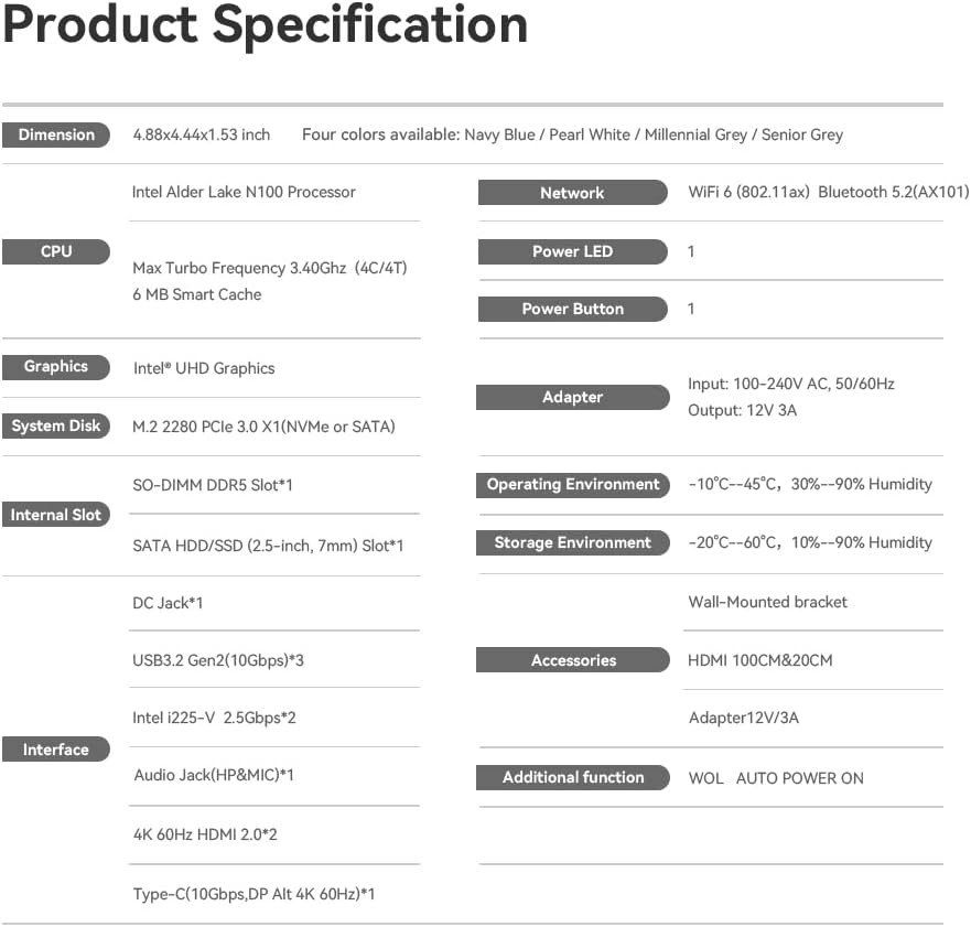 Detailed product specification table for Beelink EQ12 Mini PC