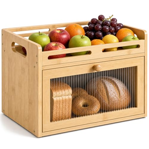 Bread Box for Kitchen Countertop, Bamboo Storage with Raised Top Shelf | Acrylic Window, Rear Vents, Magnetic Closure, Bread Below, Fruit, Jars & Spices Above, Farmhouse Counter Organizer