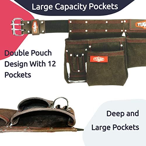 Leather Tool Belt for framers, Carpenters. Perfect Electricians Tool Belt and Convenient Tool Belt for Women. 12 Tool Pouches for Large Capacity. Our Tool Rig Fits Size 32" to 50"