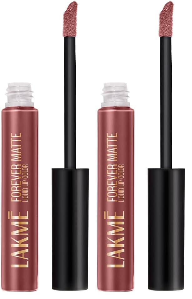 Image of Lakme Forever Matte Liquid Lip Colour, Long-Lasting Liquid Lipstick, Lightweight & Transferproof, Smudgeproof - Nude Bloom 5.6ml (Pack of 2)