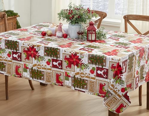 Newbridge Ivory Sleigh Bells Ring Country Rustic Vinyl Flannel Back Vinyl Christmas Tablecloth, Moose Antlers, Sleighs and Festive Xmas Wipe Clean Tablecloth, 60 Inch x 84 Inch Oblong/Rectangle
