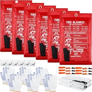 6 Sets Emergency Fire Blanket for Home Fire Suppression Blanket Thermal Blanket Fire Blankets with Emergency Whistles, Hooks and Gloves for Kitchen, Fireplace, Car, Office, 39.3″ x 39.3″
