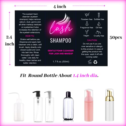 Lash Shampoo Label Stickers For Bottle 50Pcs Eyelash Extensions Bath Wash Labels For Foam Pump Dispenser (4 * 2.4 ”, Pink&Black) #TOP4