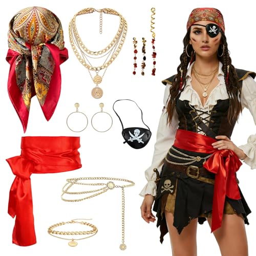 YAEGIMHT 11 Stück Pirate Accessories Piratenkostüm Herren Damen mit Piratentuch Pirat Gürtel Augenklappe Armband Ohrringe Halskette Taillenkette Haarschmuck Karneval Halloween Piraten Kostüm Set