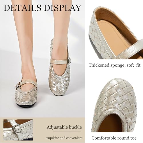 Women's Leather Woven Mary Jane Flats Shoes Comfortable Round Toe with Adjustable Buckle Strap Elegance Ballerina Shoes for Commuting Walking Party4