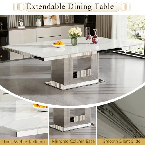 Image of 9-Piece Extendable Dining Table Set for 8, 63-94.5 inch Faux Marble Kitchen Table Set with 8 Black Tufted Chairs, Modern Expandable Dining Room Table for 6 8 10 with Mirrored U-Shape Base