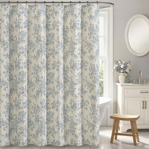 Slozzi Linen Blue Floral Toile Shower Curtain Linen Textured Fabric with 12 Rustproof Metal Hooks Wrinkle Resistant Cloth Machine Washable Bathroom Decor for Cottage Core Style W72* L72