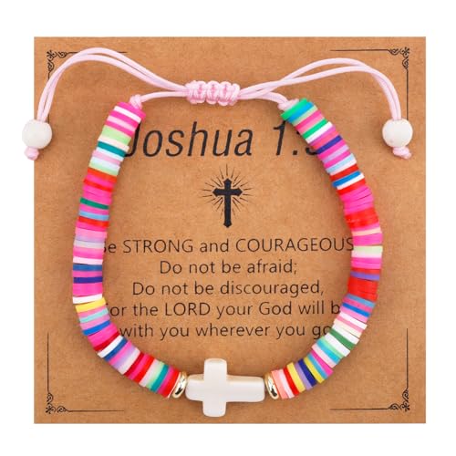 Cross Bracelet for Girls, Colorful Polymer Clay Christian Jesus Religious Confirmation Bracelet with Motivational Card First Holy Communion Gifts for Daughter Sister Teenage Girls