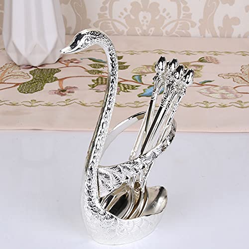 Coffee Dessert Spoon Set, Metal Swan Base Holder Spoon Organizer with 6 Spoons, Creative Dinnerware Set Decorative Swan Shaped Style Holder (Silver (B))