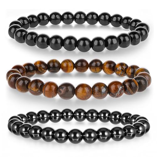 3Pcs Beaded Bracelets for Men – 8mm Beads Stretch Elastic Spiritual Bracelets Jewelry Gift for Men Women Black Obsidian, Hematite, Tiger Eye Stone