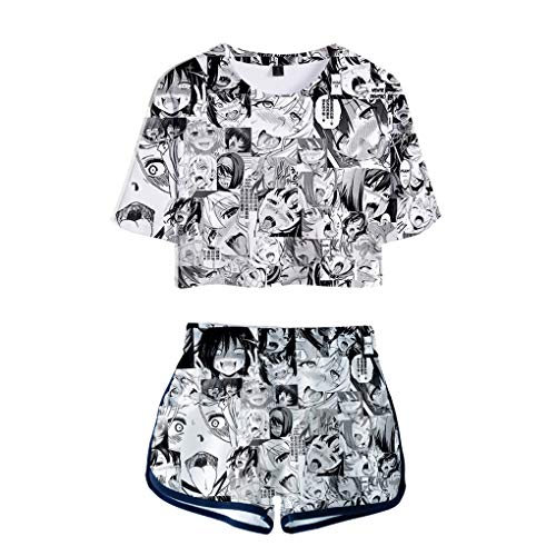 Memoryee 3D Ahegao Anime Printed 2019 Women Summer Two Piece Sets Trendy Harajuku Short Sleeve Crop Top+Shorts