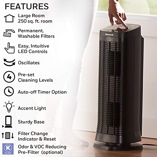 Honeywell HFD310C AirGenius 4 Tower Air Purifier for Large Room, Quiet, Oscillates Permanent Washable Filter Air Cleaner Captures 99.9% of Dust, Pollen, Pet Dander, Smoke Cleans Room Air 4.8 Times/Hr by Honeywell - Image 3