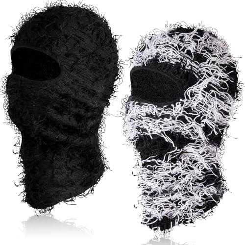Newcotte 2 Pack Adult Distressed Balaclava Ski Mask Full Face Knitted Balaclava Windproof Cool Ski Mask for Cold Weather(Large Black Black and White)