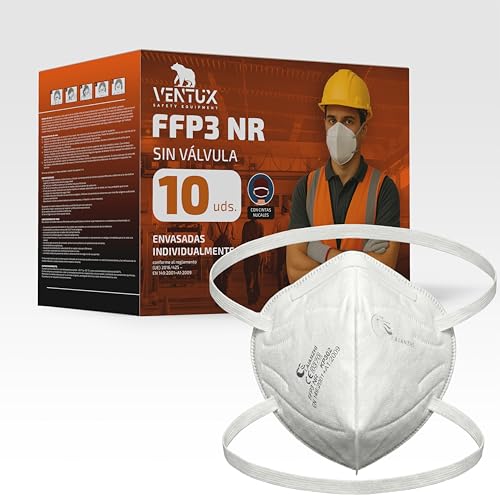 VENTUX GEAR Mascarillas FFP3 Sin Válvula - 10 Unidades | FFP3 NR Blancas con Elásticos Nucales | Mascarilla Envasada Individualmente con Filtración ≥99% | Certificadas CE EN 149:2001+A1:2009