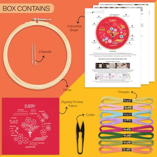 Image of picknMAKE Hand Embroidery Kit for Beginners with Printed Fabric, Threads, Hoop, Needles & Instructions | DIY Art & Craft Kit for Adults & Kids | Everyday Blooms Theme