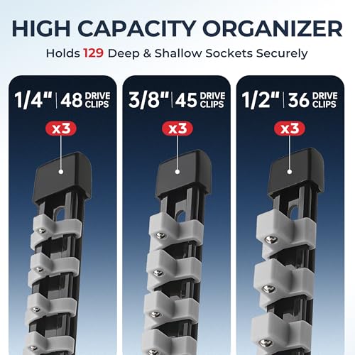 Image of Reniteco 9-Piece Socket Organizer Set - 1 /4-Inch x 48 Clips, 3 /8-Inch x 45 Clips, 1 /2-Inch x 36 Clips, Heavy Duty ABS Socket Holder, Premium Quality Socket Clip Rail Holder for Tool Box Drawer