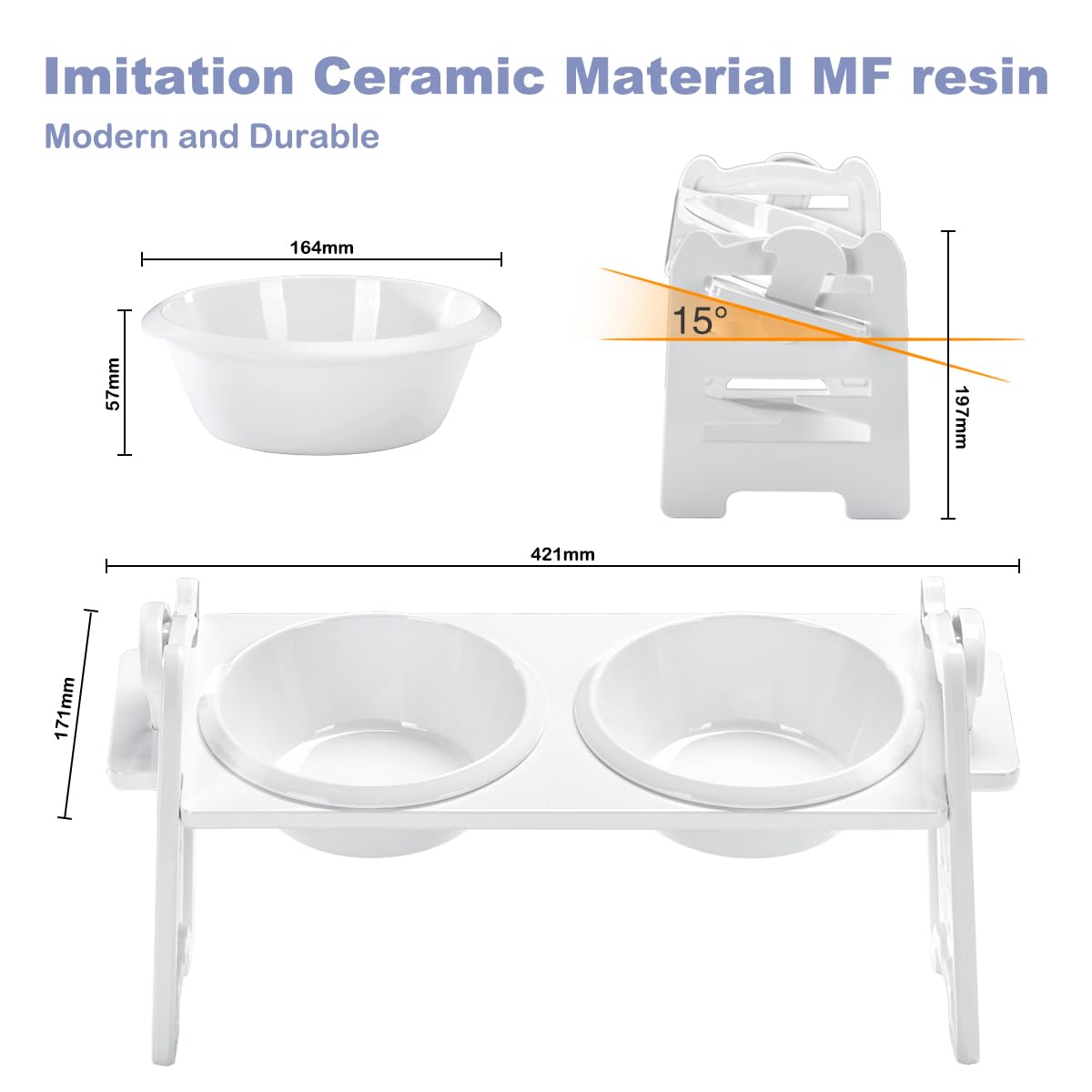 Ciotole per Gatti Rialzate,Doppio Ciotola Gatto Rialzata inclinabile di 15°con Supporto,2 Ciotole per Cani e Gatti per Cibo e Acqua,Altezza regolabile 6 in 1,Anti Vomito,500ML*2