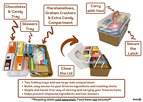Mcett Smores Caddy - Multi-Tray S'mores Storage Box (Roasting Sticks Not Included) & Fun Smores Stickers - Hold Marshmallows, Chocolate, Crackers, Candy, & Skewers - Camping & Campfire Accessories Kit #TOP1