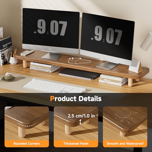 Image of Dual Monitor Stand Riser, 39 Inch Extra Long Wooden Desktop Monitor Riser with Storage for 2 Monitors Ultra Strong Desk Shelf Organizer Riser Ergonomic for 2 Screens /Laptop /PC /TV /Printer (Walnut