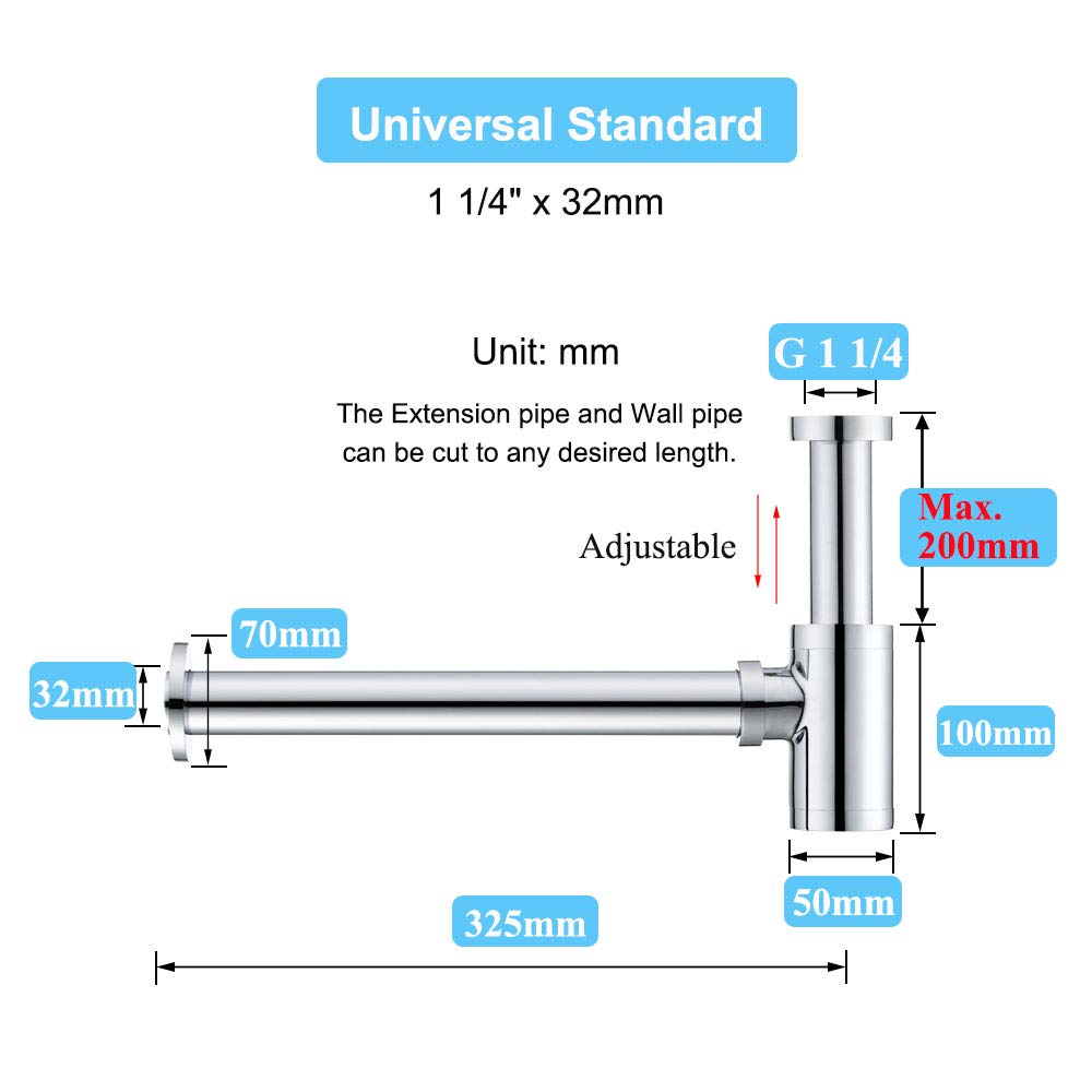 Laiton Siphon de Lavabo, Keymark Universel Siphon Design 1 1/4 x 32mm, Piège à Déchets avec Extra Long Tube d'extension 200mm, Anti Odeur Anti-fuite, Chromé