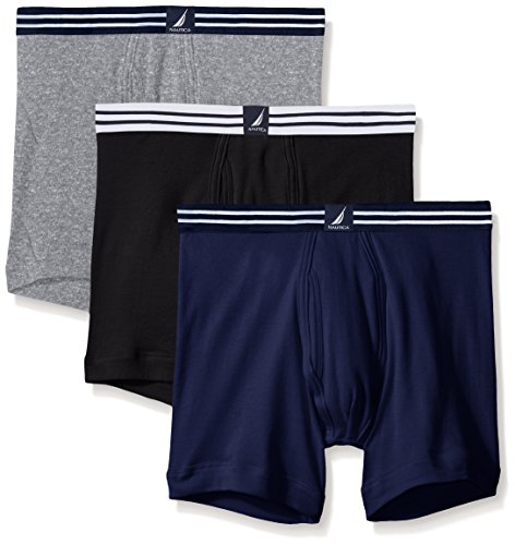 Nautica mens Nautica Men's Classic Cotton Multi Pack Boxer Briefs, Black/Heather Gray/Navy, Large US