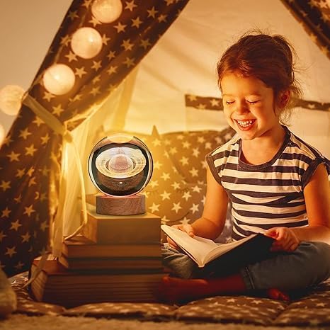 Image of 3D Saturn Crystal Ball Night Lamp, Creative Engraved Crystal Ball Night Light, Table LED Wooden Crystal Ball for Home Office Decoration Birthday Gift Adults (Saturn Lamp)