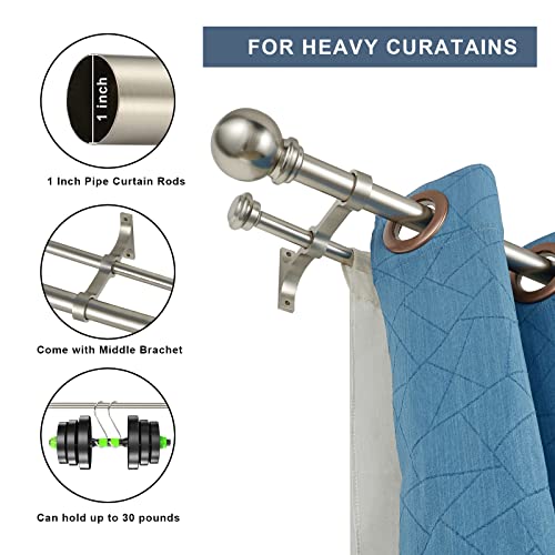 Double Curtain Rod 28 To 48 Inch, Adjustable 1 Inch Double Drapery Rod Rods For Windows And Doors With Ball Round Finials And Premium Aluminum Brackets Set (28-48",Brushed Nickel) #TOP1