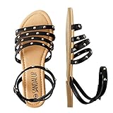 SANDALUP Flat Sandals with Round Rivets and Adjustable Buckle for Women Black 08