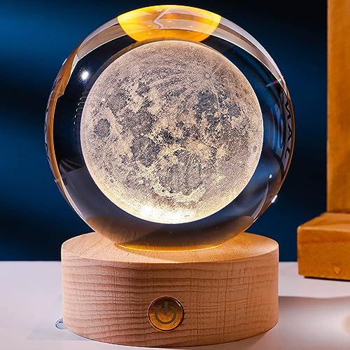 Alvinlite 3D Galaxy Crystal Ball Night Light, Luminous Crystal Lamp Crystal Ball Decor Collectibles Snow Globes Gift Glass Sphere with Wooden Light Base, Clear Sculpture Round Astronomy Ball (Moon)
