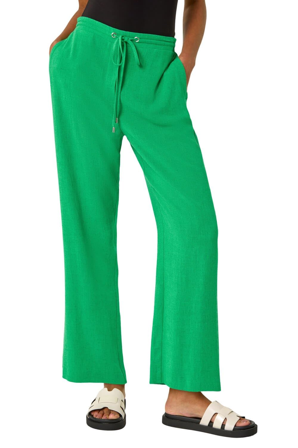 Roman Originals Women's Green Roman Full Length Linen Trouser For Uk - Spring Everyday Summer Holiday Elasticated Waist Comfy Drawstring Soft Relaxed Fit Bottoms Day Out Pants - Size 18