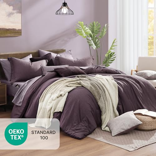 Image of Monbix Super King Comforter Set, Italian Plum Cationic Dyeing Bedding Set Reversible, Bed in a Bag 7 Pieces with Comforter, Sheets, Pillowcases & Shams